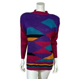 90s Geometric Color Block Sweater Abstract Pattern Purple Teal Gold Medium